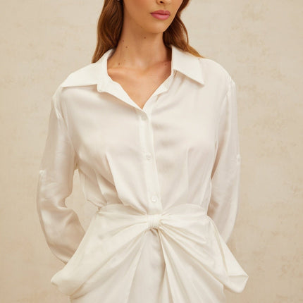 Rinata White Mini Dress Bowknot Chic Ruched Lyocell Fabric Spread Collar Long Sleeves Fitted Waistline Rear Zip Fastening Special Occasions Sophisticated Daytime Events
