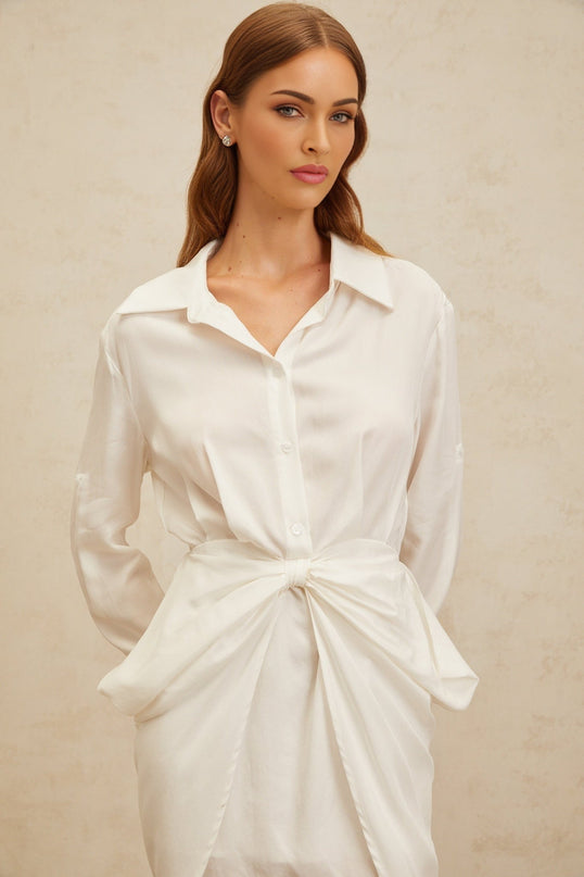 Rinata White Mini Dress Bowknot Chic Ruched Lyocell Fabric Spread Collar Long Sleeves Fitted Waistline Rear Zip Fastening Special Occasions Sophisticated Daytime Events