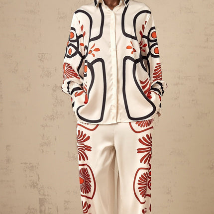 Rinata White & Multicolor Graphic Print Shirt Trousers Set