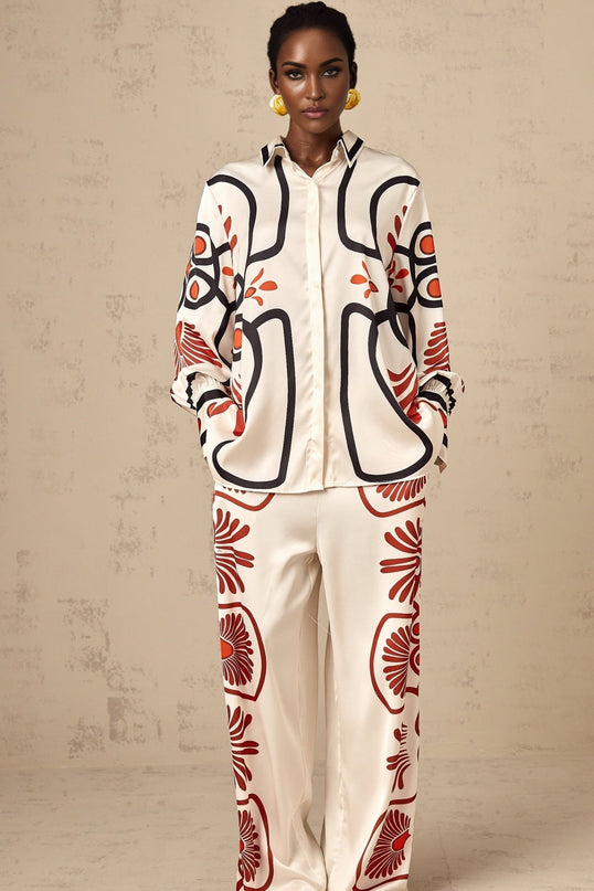 Rinata White & Multicolor Graphic Print Shirt Trousers Set