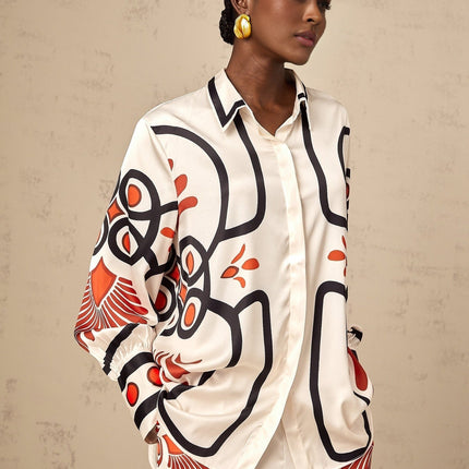 Rinata White & Multicolor Graphic Print Shirt Trousers Set