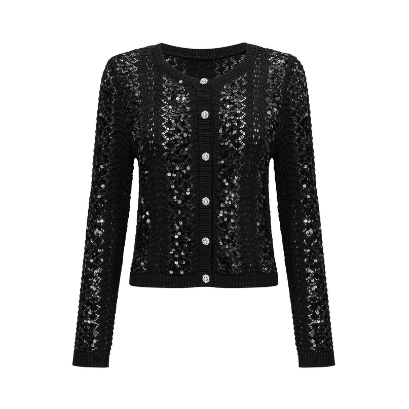 Rita Black Crochet Sequin Cardigan and Skirt Matching Set