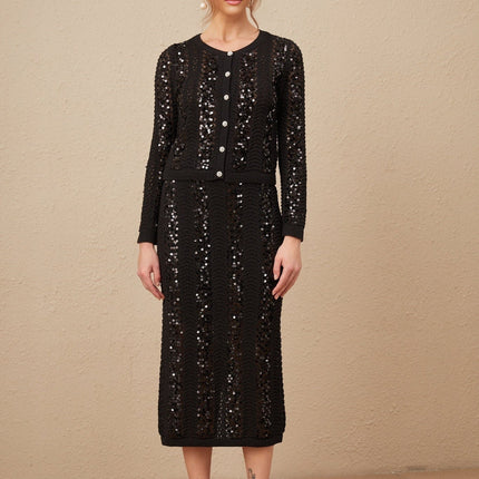 Rita Black Crochet Sequin Cardigan and Skirt Matching Set