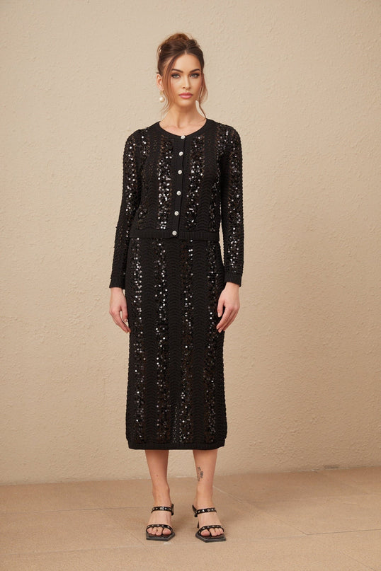 Rita Black Crochet Sequin Cardigan and Skirt Matching Set