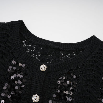 Rita Black Crochet Sequin Cardigan Skirt Matching Set
