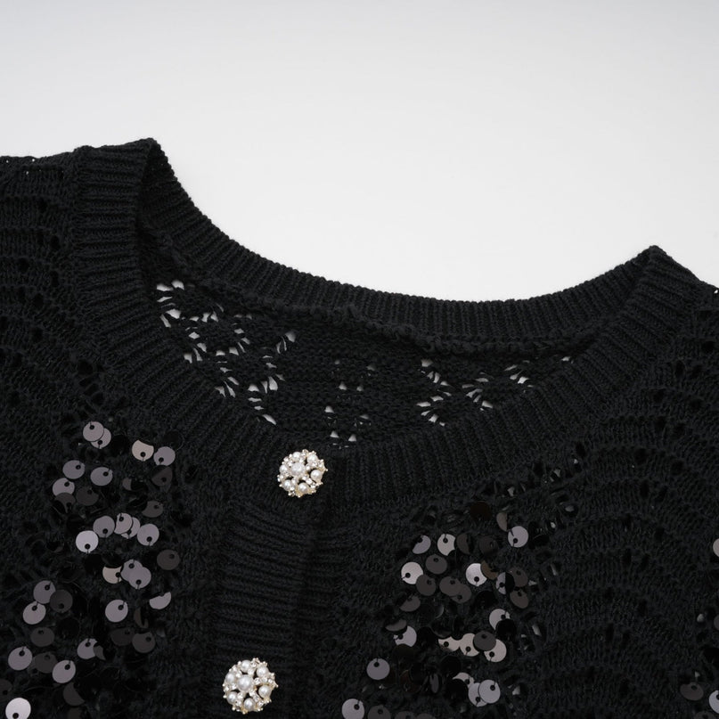 Rita Black Crochet Sequin Cardigan Skirt Matching Set