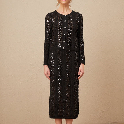 Rita Black Crochet Sequin Cardigan Skirt Set