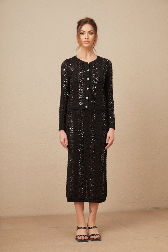 Rita Black Crochet Sequin Cardigan Skirt Set