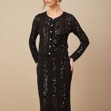 Rita Black Crochet Sequin Cardigan Skirt Set