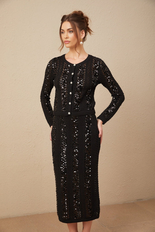 Rita Black Crochet Sequin Cardigan Skirt Set