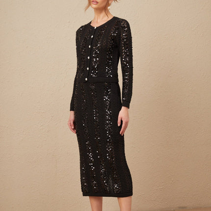 Rita Black Crochet Sequin Cardigan Skirt Set
