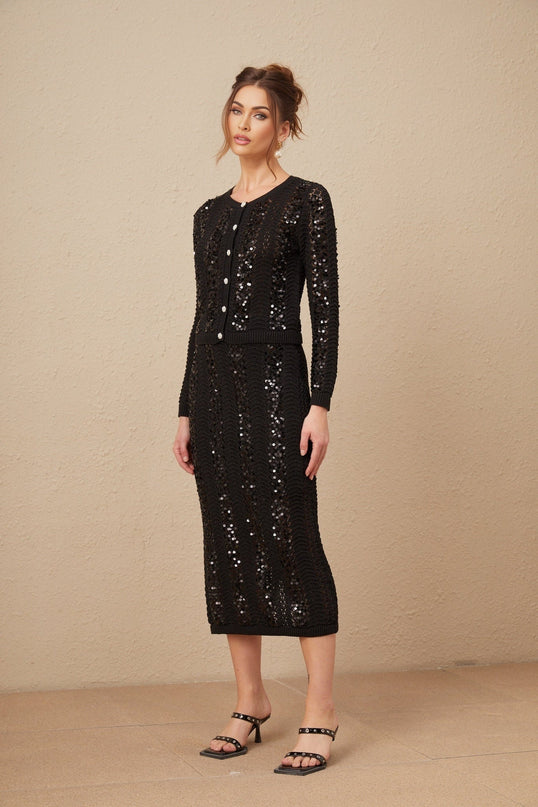 Rita Black Crochet Sequin Cardigan Skirt Set