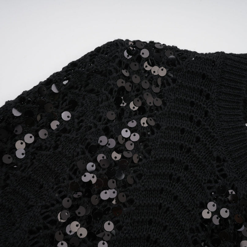Rita Black Crochet Sequin Cardigan Skirt Set
