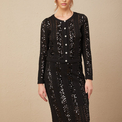Rita Black Crochet Sequin Cardigan Skirt Set