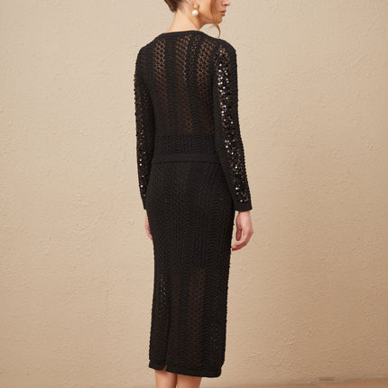 Rita Black Crochet Sequin Cardigan Skirt Set