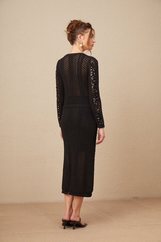 Rita Black Crochet Sequin Cardigan Skirt Set