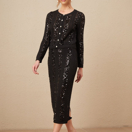 Rita Black Crochet Sequin Cardigan Skirt Set