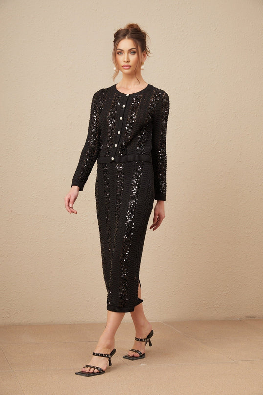 Rita Black Crochet Sequin Cardigan Skirt Set