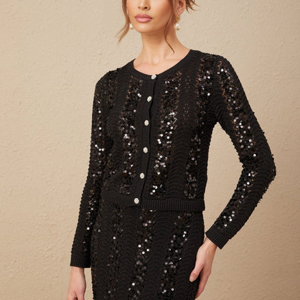 Rita Black Crochet Sequin Cardigan Skirt Set