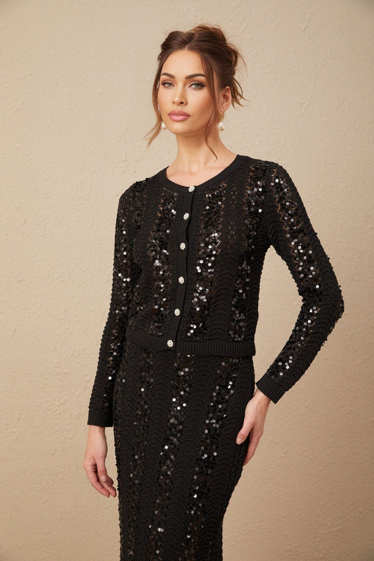 Rita Black Crochet Sequin Cardigan Skirt Set