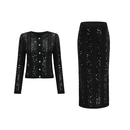 Rita Black Crochet Sequin Cardigan Skirt Set