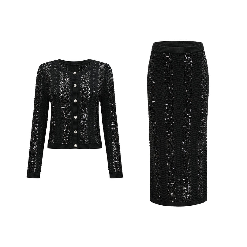 Rita Black Crochet Sequin Cardigan Skirt Set