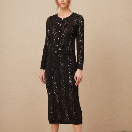 Rita Black Crochet Sequin Cardigan Skirt Set