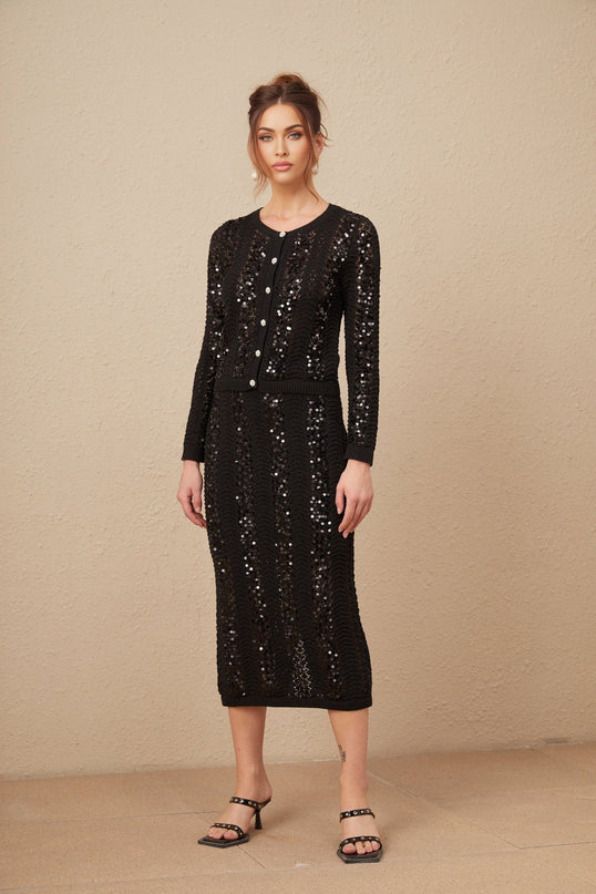 Rita Black Crochet Sequin Cardigan Skirt Set