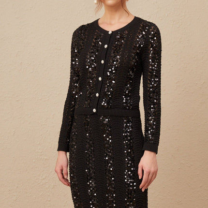 Rita Black Crochet Sequin Cardigan Skirt Set
