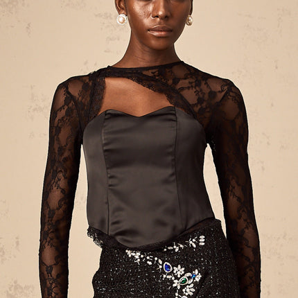 Rita Black Lace Satin Cut Out Top
