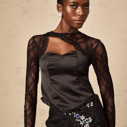 Rita Black Lace Satin Cut Out Top