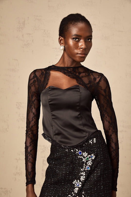 Rita Black Lace Satin Cut Out Top