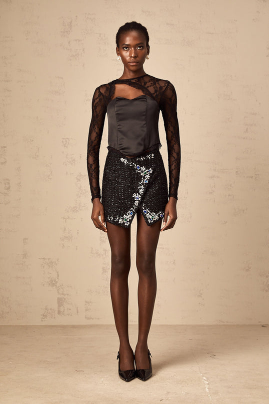 Rita Black Lace Satin Cut Out Top