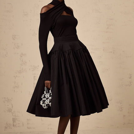 Rita Black Pleated Flared Midi Skirt