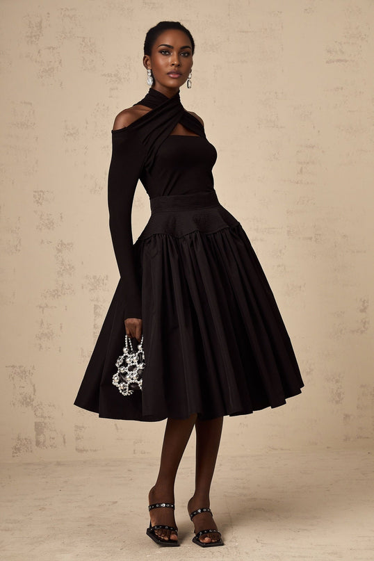 Rita Black Pleated Flared Midi Skirt