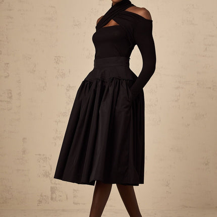 Rita Black Pleated Flared Midi Skirt