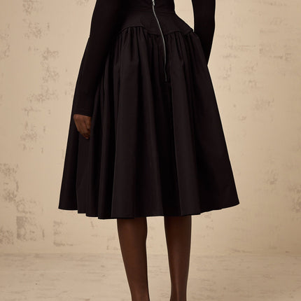 Rita Black Pleated Flared Midi Skirt 100% Polyester High-Waisted Elegant Knee-Length Rear Zip Fastening