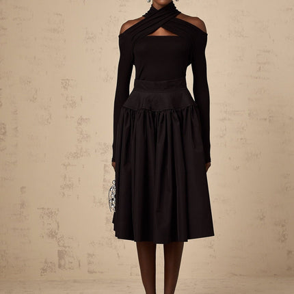 Rita Black Pleated Flared Midi Skirt