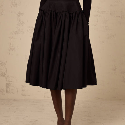 Rita Black Pleated Flared Midi Skirt 100% Polyester High-Waisted Elegant Knee-Length Design Rear Zip Fastening