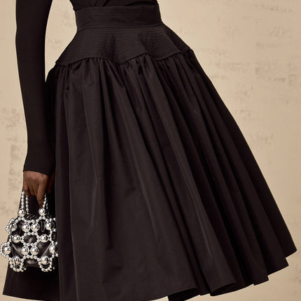 Rita Black Pleated Flared Midi Skirt 100% Polyester High Waisted Elegant Knee Length Rear Zip Lined