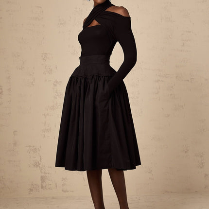 Rita Black Pleated Flared Midi Skirt