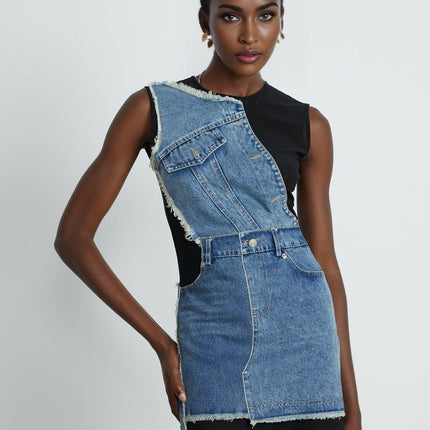 Rita Blue Patchwork Sleeveless Dress in Polyester Elastane