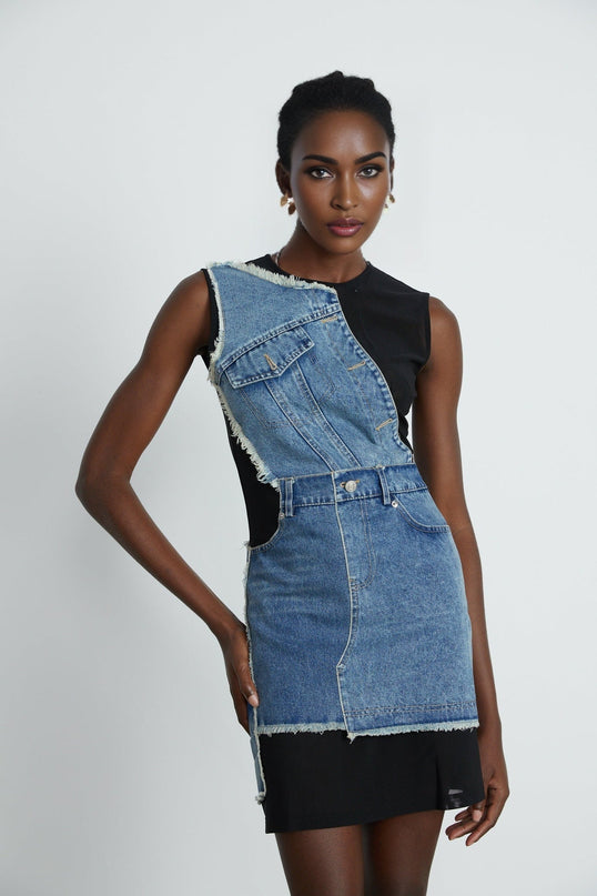 Rita Blue Patchwork Sleeveless Dress in Polyester Elastane