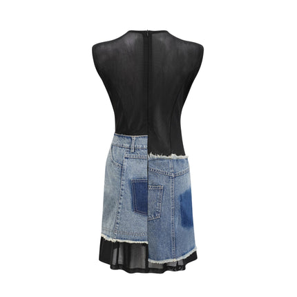 Rita Blue Patchwork Sleeveless Dress Polyester Elastane Chic Elegance Thigh-Length Day Night Wardrobe