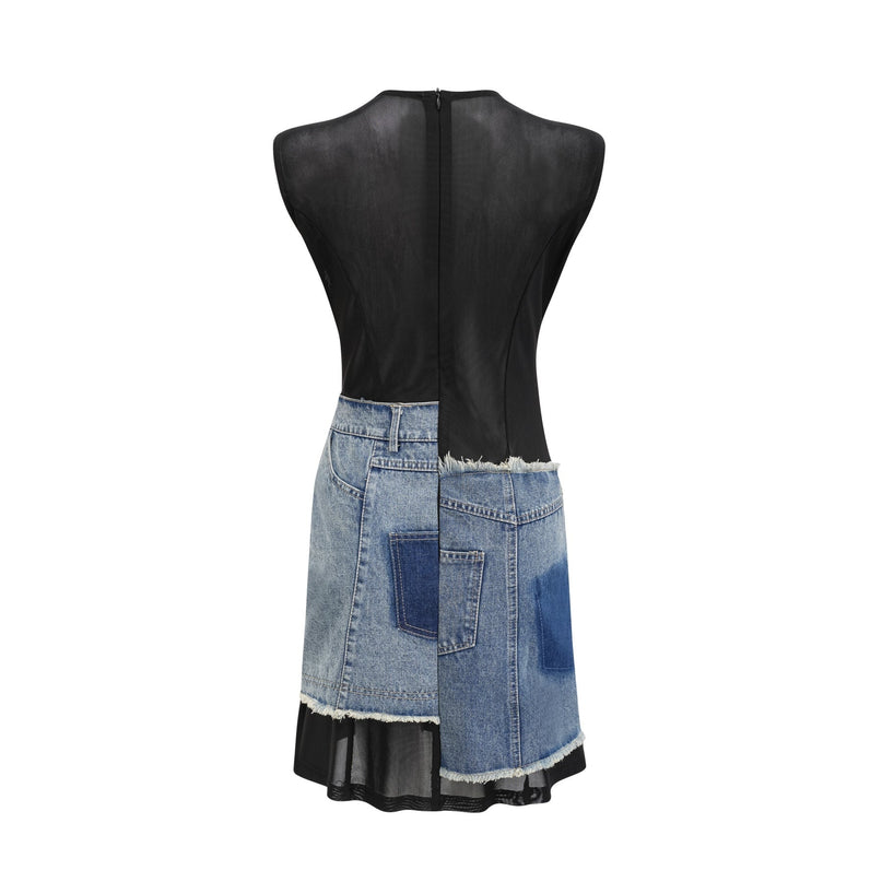 Rita Blue Patchwork Sleeveless Dress Polyester Elastane Chic Elegance Thigh-Length Day Night Wardrobe