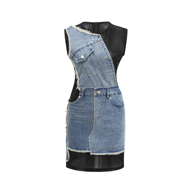 Rita Blue Patchwork Sleeveless Dress Polyester Elastane Chic Elegance Semi-Sheer Asymmetric Cut Rear Zip Fastening Thigh-Length Versatile Day to Night Wardrobe