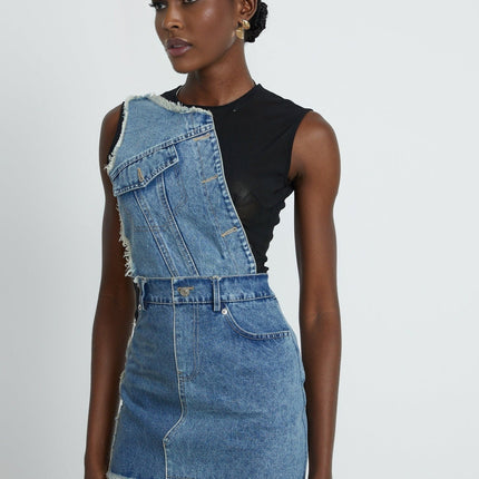 Rita Blue Patchwork Sleeveless Dress Polyester Elastane Asymmetric Cut Rear Zip Fastening Thigh-Length