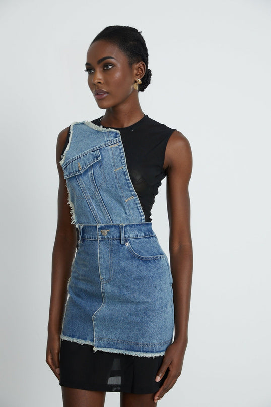 Rita Blue Patchwork Sleeveless Dress Polyester Elastane Asymmetric Cut Rear Zip Fastening Thigh-Length