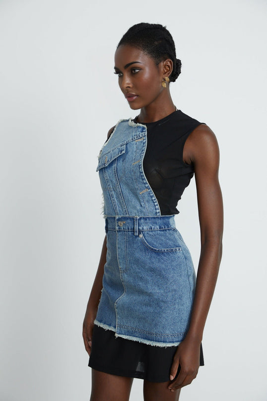 Rita Blue Patchwork Sleeveless Dress
