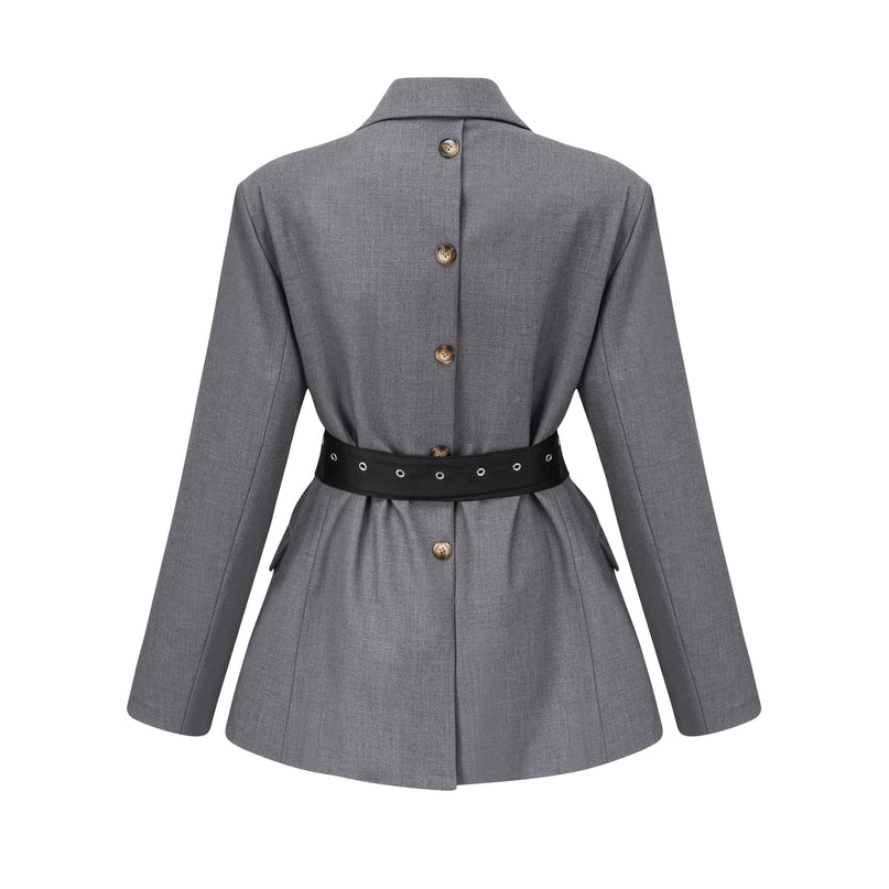 Rita Grey Blazer Terylene Cotton Long Sleeves Lapels Buttoned Cuffs Inset Pockets Belted Waist Versatile Sophisticated Elegance